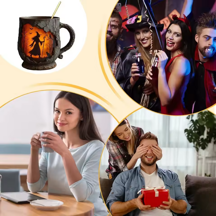 Remeselnícky 3D Halloween hrnček – S dizajnom čarodejnice a mačky